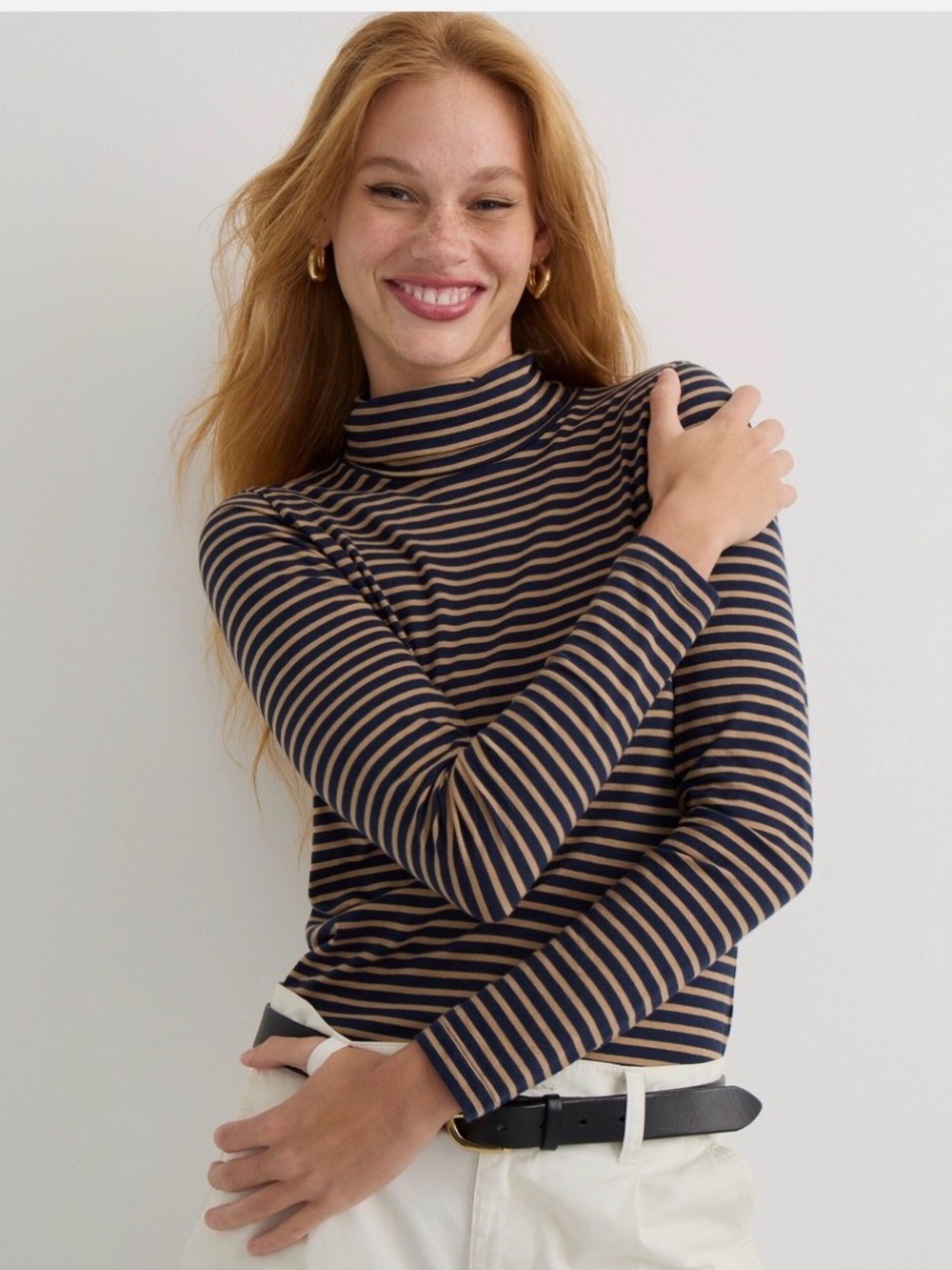 Cotton Tissue Turtleneck in Navy Camel Stripe